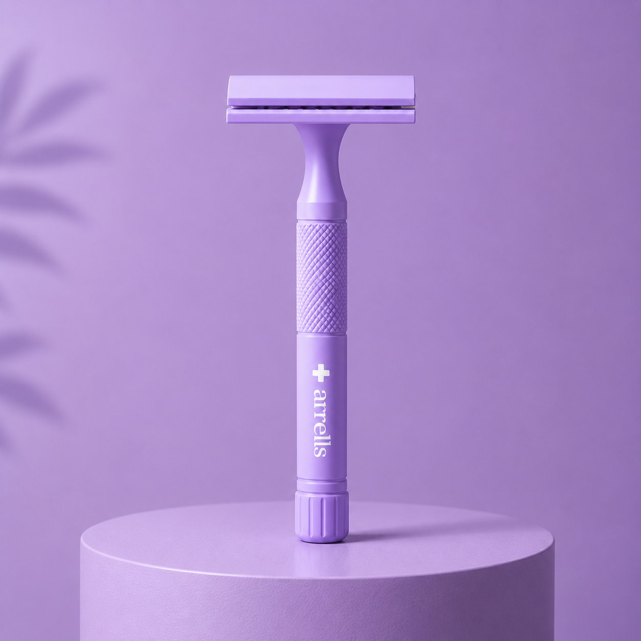 The arrells single-blade razor standing on a lilac pedestal.